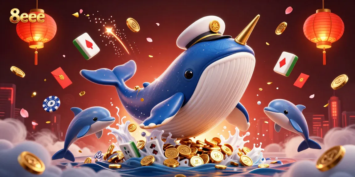 Engage with 8eee's thrilling casino fun, featuring a majestic whale and vibrant game elements.