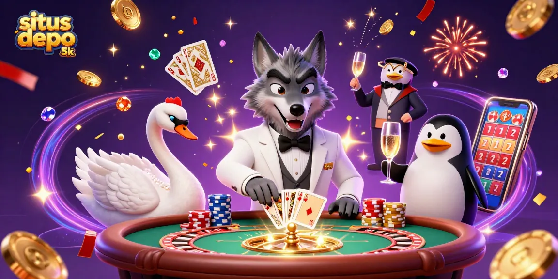 Experience winning at situs depo 5k with vibrant casino scene featuring slots and lively characters.