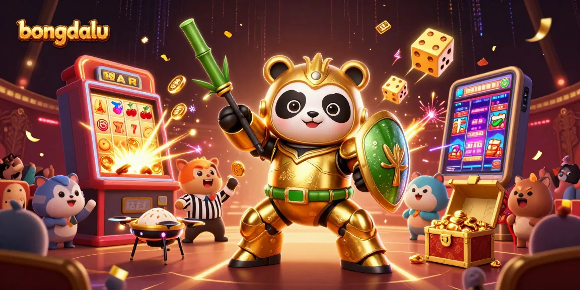 Bongdalu showcases a vibrant 3D casino scene with a golden panda battling in a lush arena.