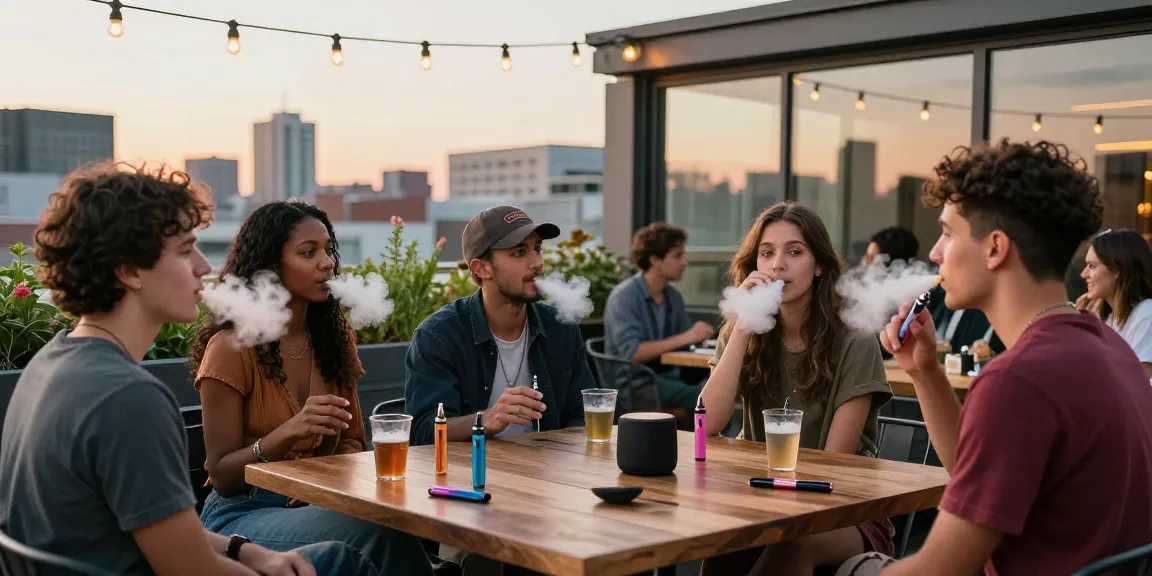 Friends enjoying a sunset rooftop gathering with stylish thc pens, vibrant urban setting.