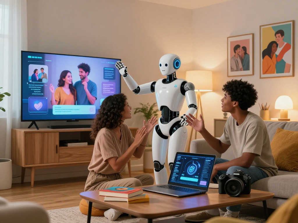 Engaging AI sex relationship scene with diverse couple and humanoid companion in modern living room.