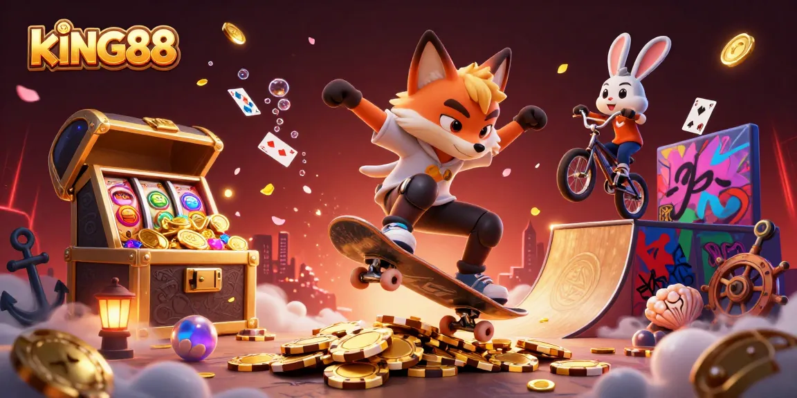 Engage with kING88's thrilling casino adventure featuring animated characters amidst vibrant gambling elements.