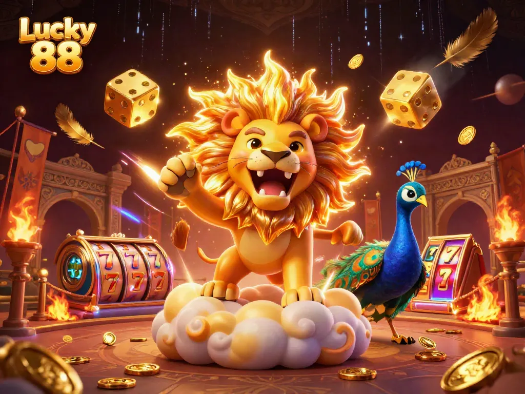 Courageously play Lucky 88 for grand wins with a vibrant scene of animated characters and casino motifs.
