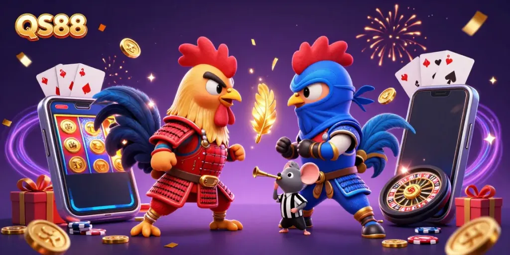 Engage in thrilling rooster battles at QS88, featuring a dynamic showdown and vibrant casino elements.