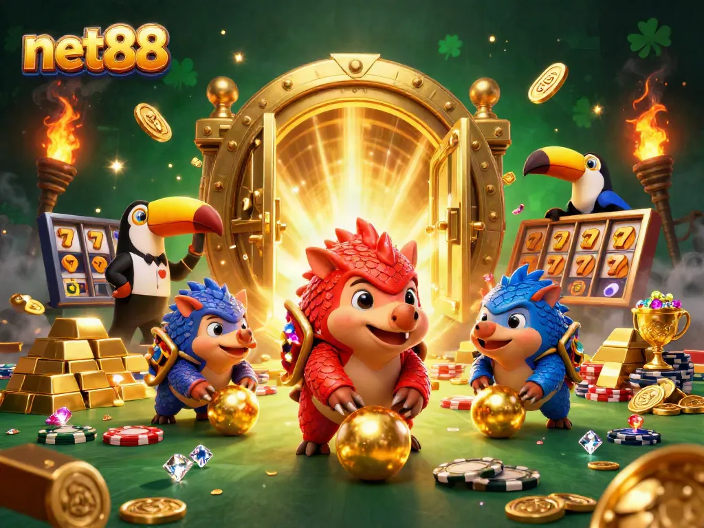 Engage in thrilling gameplay at net88 with rival pangolins bowling through golden poker chips.