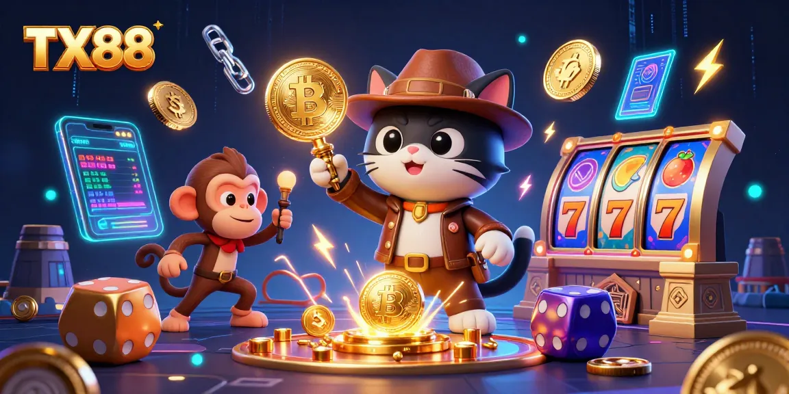 TX88 engages players with vibrant casino action showcasing a captivating explorer cat and treasures.