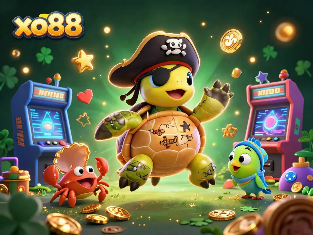 Experience top gaming thrills with xo88 in a vibrant illustration featuring pirate characters and arcade elements.