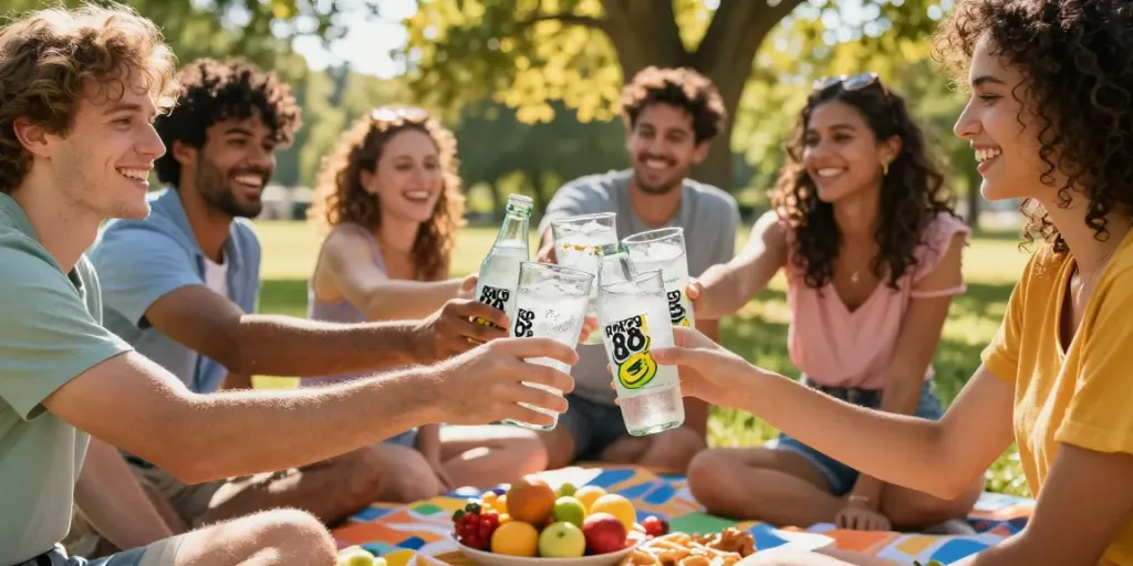 Friends enjoying rokok88 link soda at a sunny picnic, refreshing drinks and snacks.