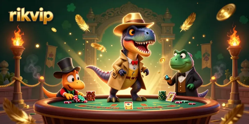 Engage in exciting blackjack action with rikvip's animated scene featuring a card counting velociraptor.
