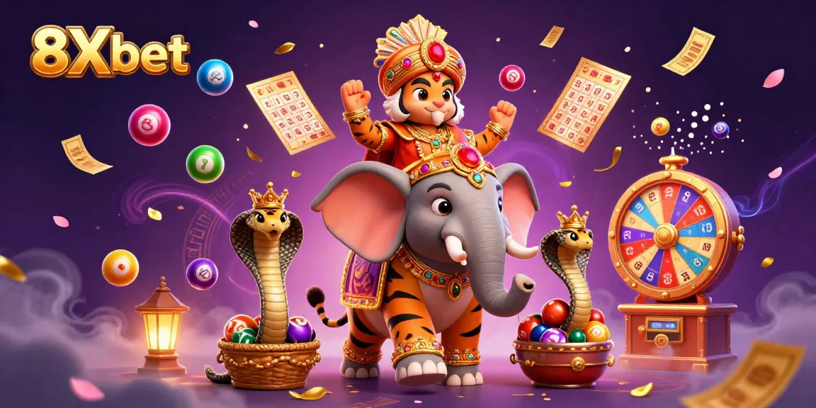 Experience the excitement of 8Xbet with vibrant casino scenes and dynamic lottery elements.