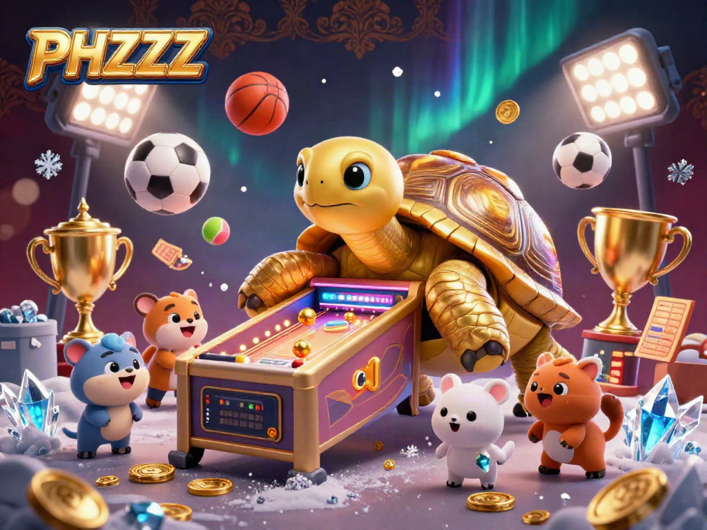 Engage with the thrilling gameplay at PHZZZ featuring a golden tortoise pinball and flying sports elements.