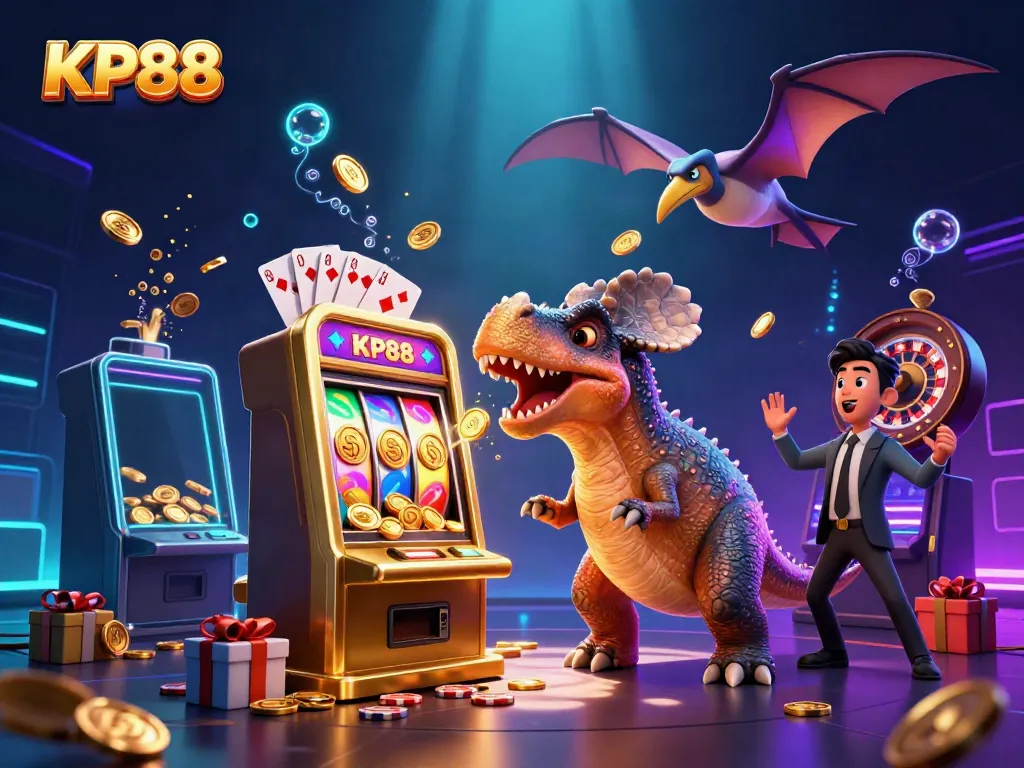KP88 slot machine jackpot celebration with dinosaur characters in a vibrant casino scene.