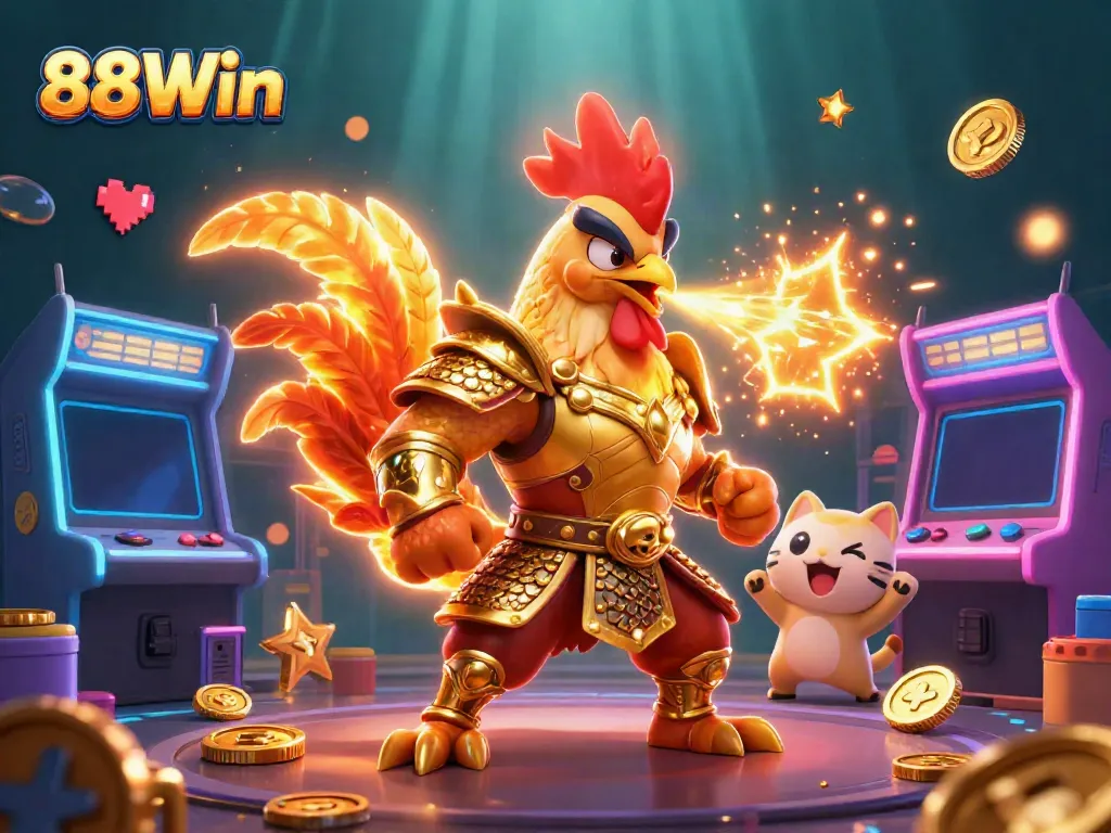 Experience the excitement of 88Win with a vibrant illustration of a fighting rooster and armored dragon in a digital casino.