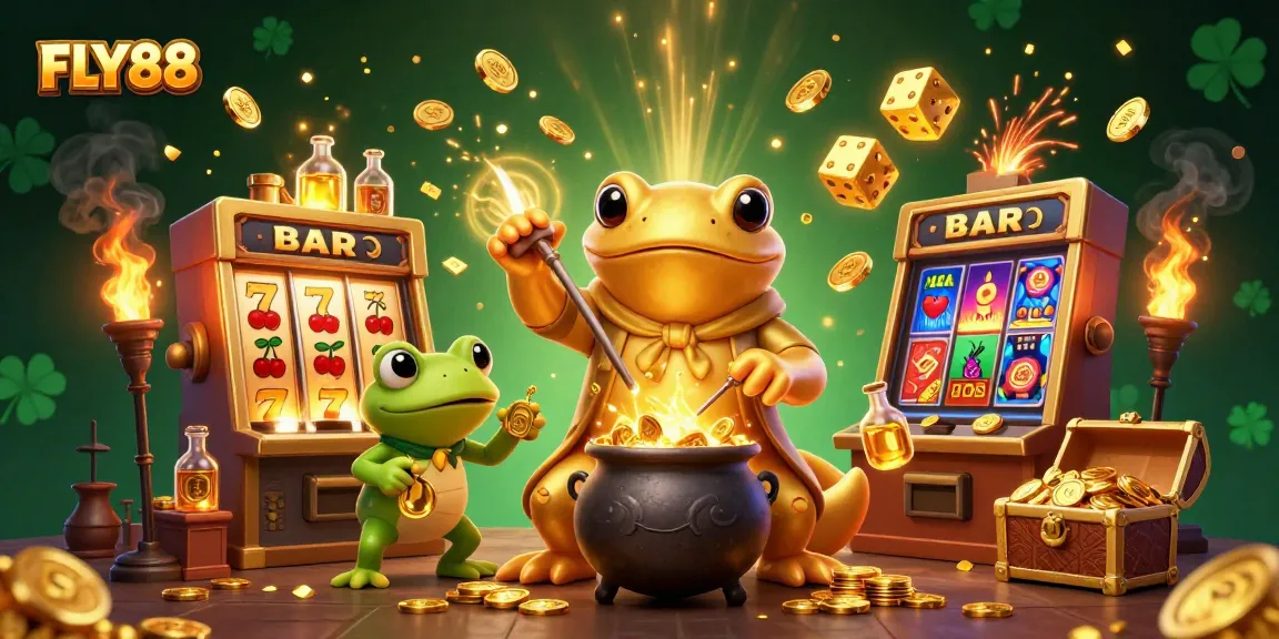 Experience FLY88 with a magical gaming scene featuring a giant alchemist and vibrant casino elements.