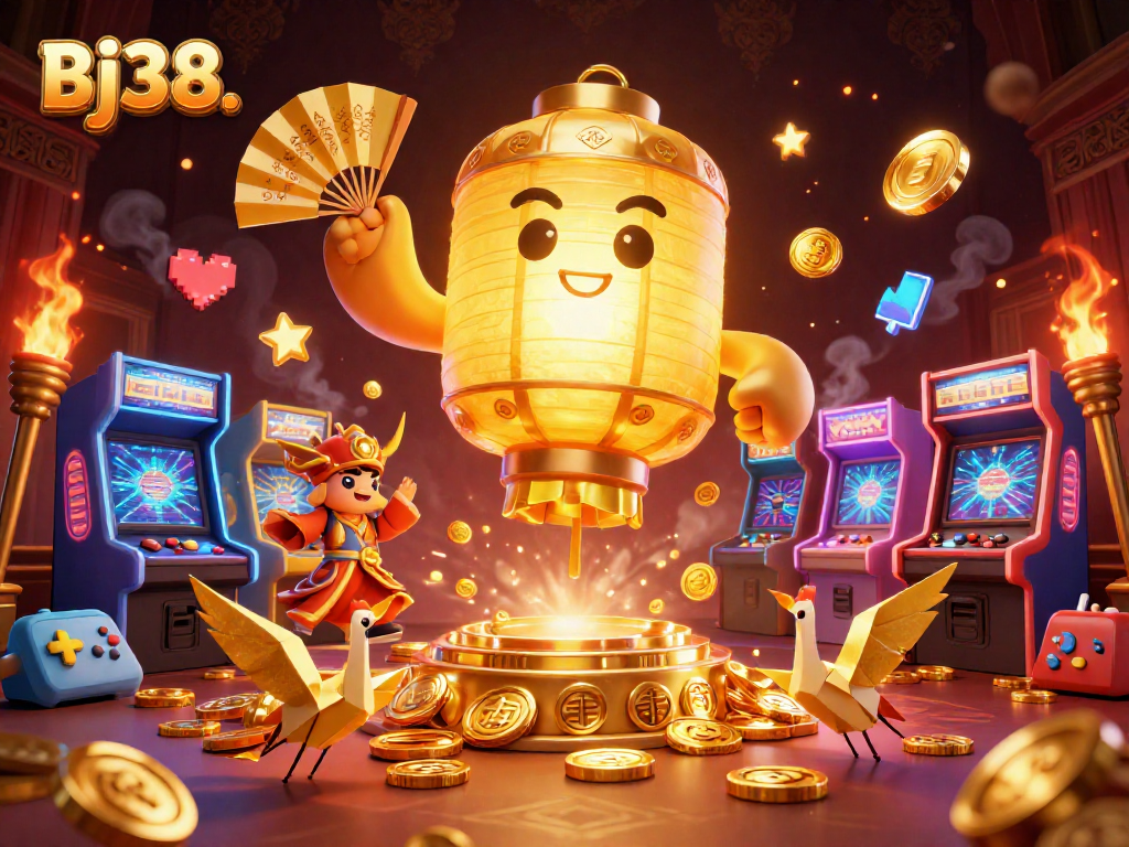 Experience the vibrant gaming world at Bj38., featuring lively characters and dynamic casino elements.