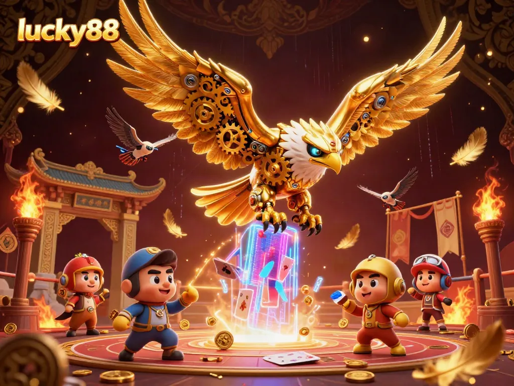 Experience the thrill of lucky88 as a golden eagle dives through holographic cards, surrounded by vibrant casino elements.