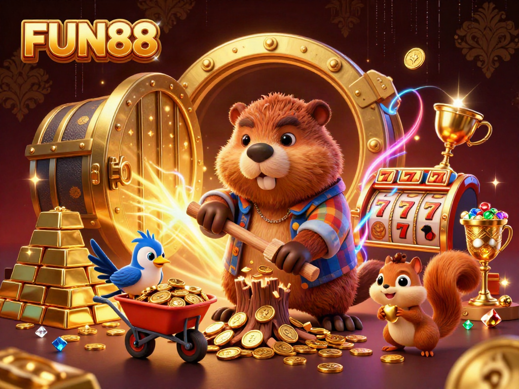Experience the thrill of FUN88 as a beaver collects coins in a vibrant gambling scene.