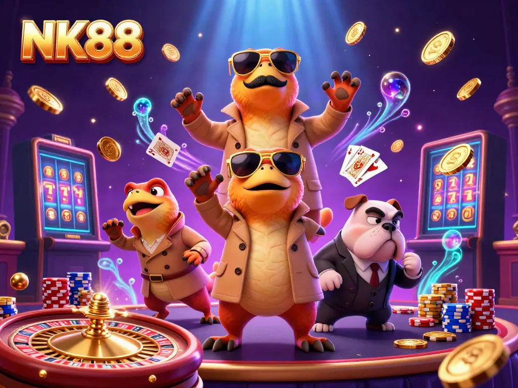 Engaging NK88 VIP casino scene with raptors in a trench coat and bulldog bouncer.