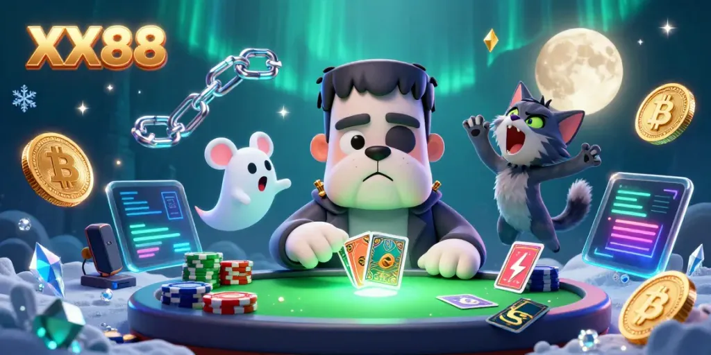 Experience the thrill of XX88 as the Frankenstein bulldog dealer engages players in a captivating casino scene.