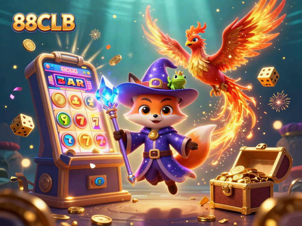 Experience vibrant gaming with 88CLB as a mystical wizard fox and phoenix soar over jackpots and treasures.