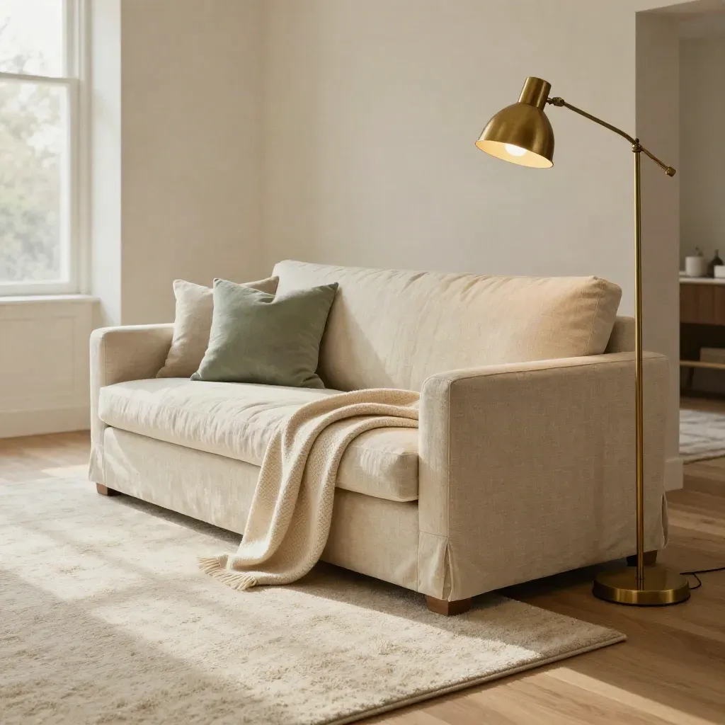 Cream sofa, rug and brass lamp in a calm living room with soft daylight.