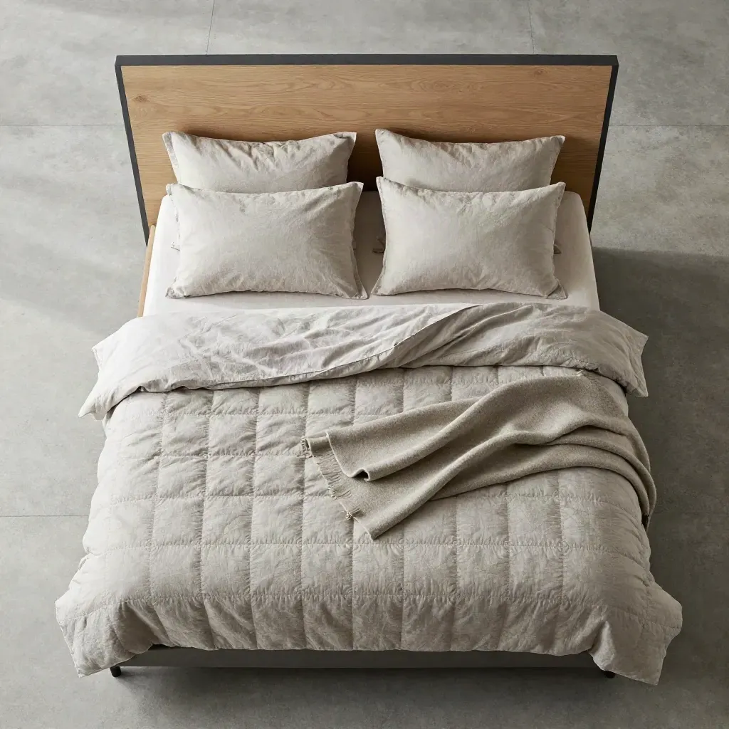 Overhead flatlay of bed frame parts with duvet, pillows and throw on pale concrete.