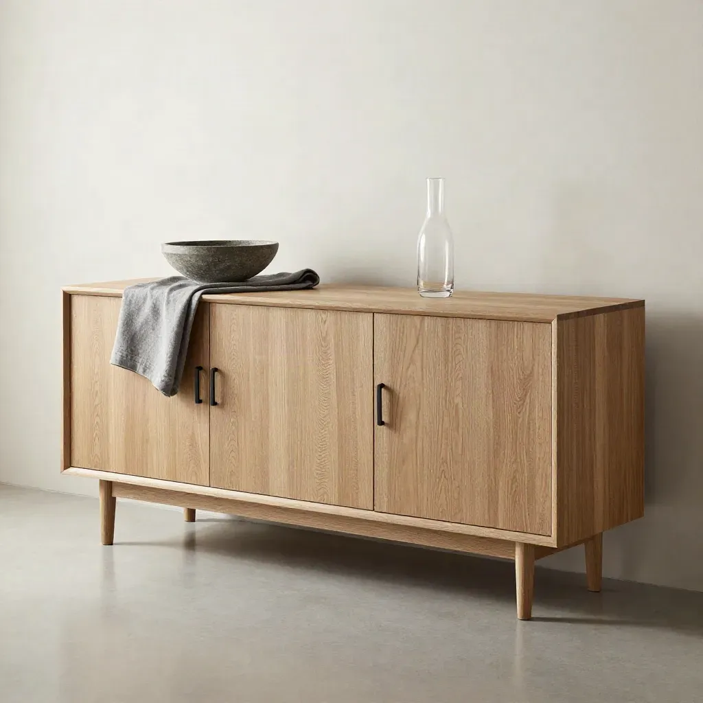 Oak sideboard with bowl, linen runner and glass carafe in a dramatic studio shot