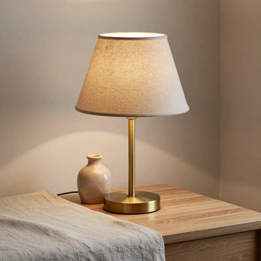 Close side view of a glowing Moss Table Lamp with brass base, ceramic bookend and linen fold.
