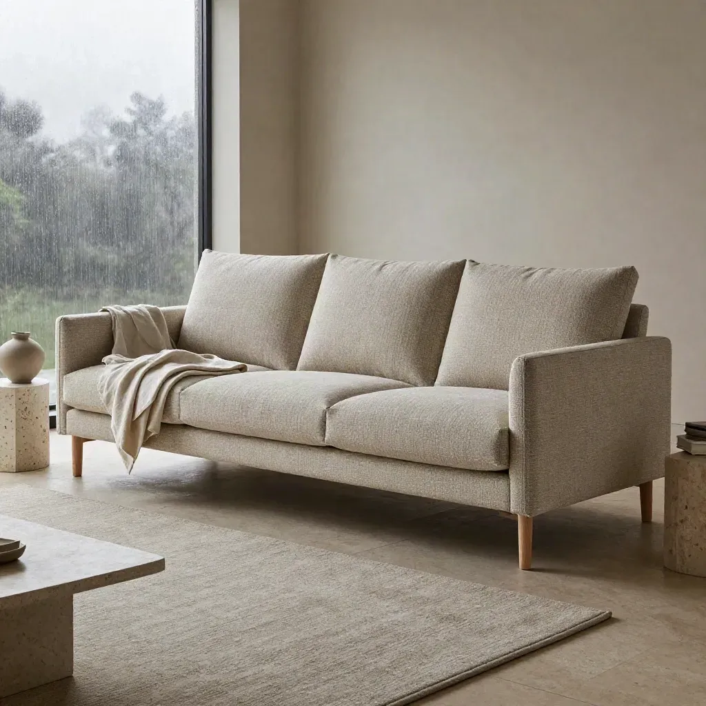 Marlow sofa with throw, travertine table, vase and rug in soft morning light.