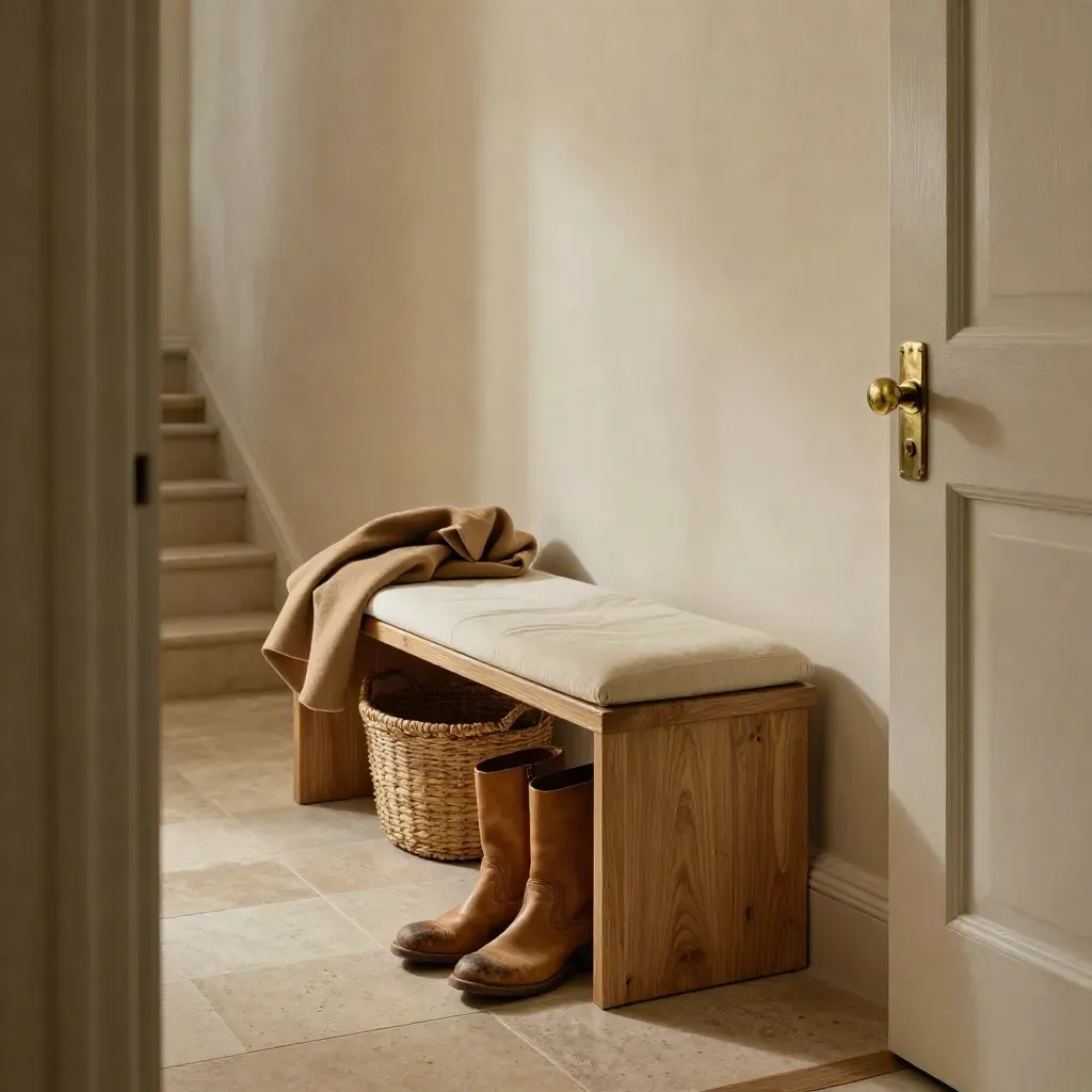 Oak storage bench with basket, boots and folded coat in a soft-lit entryway