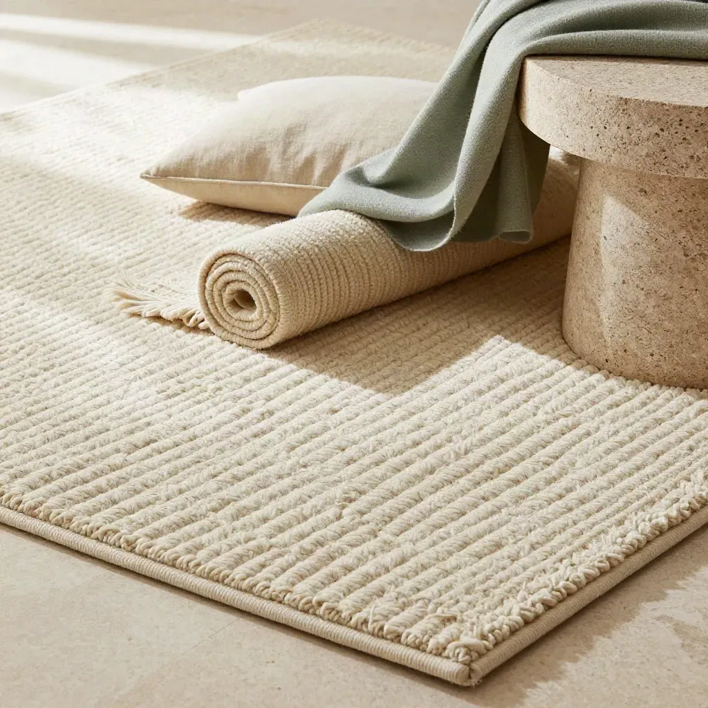 Macro of a cream wool rug corner with throw, linen cushion and stone stool on pale stone.