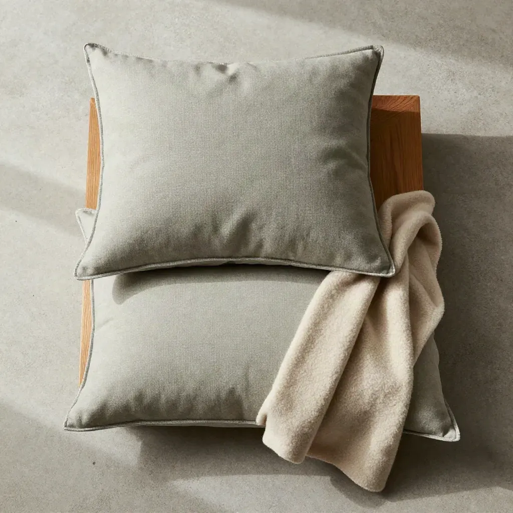Overhead flatlay of sage cushion pair, boucle pillow and wool throw on pale concrete.