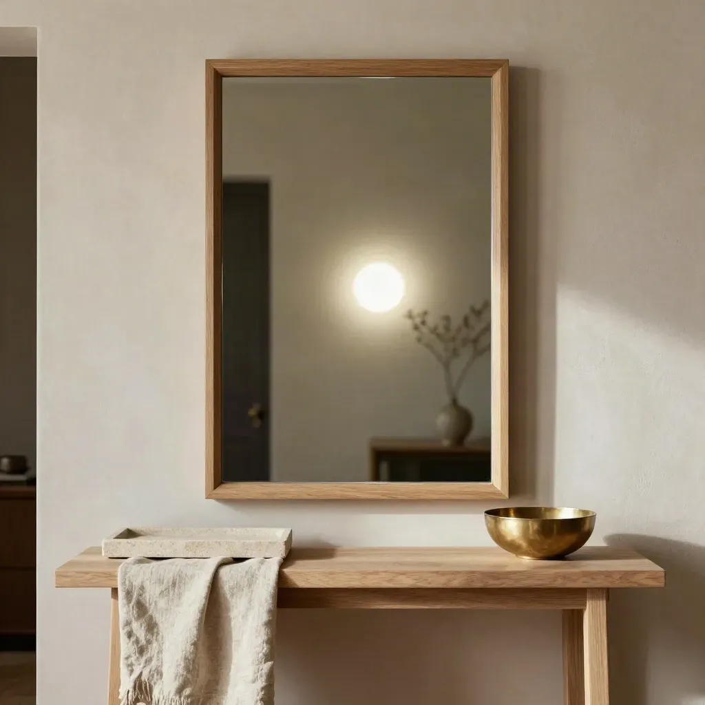 Slim oak wall mirror above a pale console with stone tray, linen fold and brass bowl