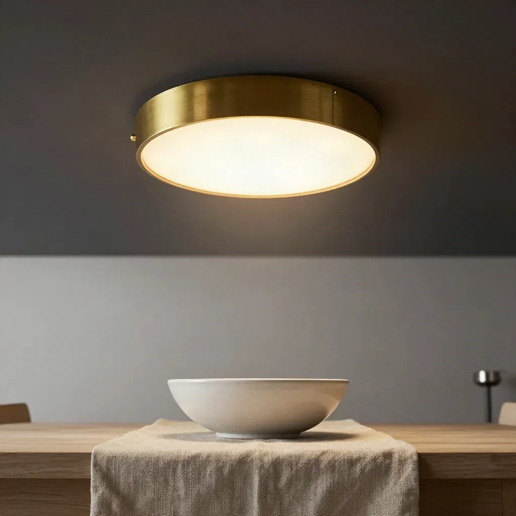 Brass-ring ceiling light glowing above a linen runner and ceramic bowl