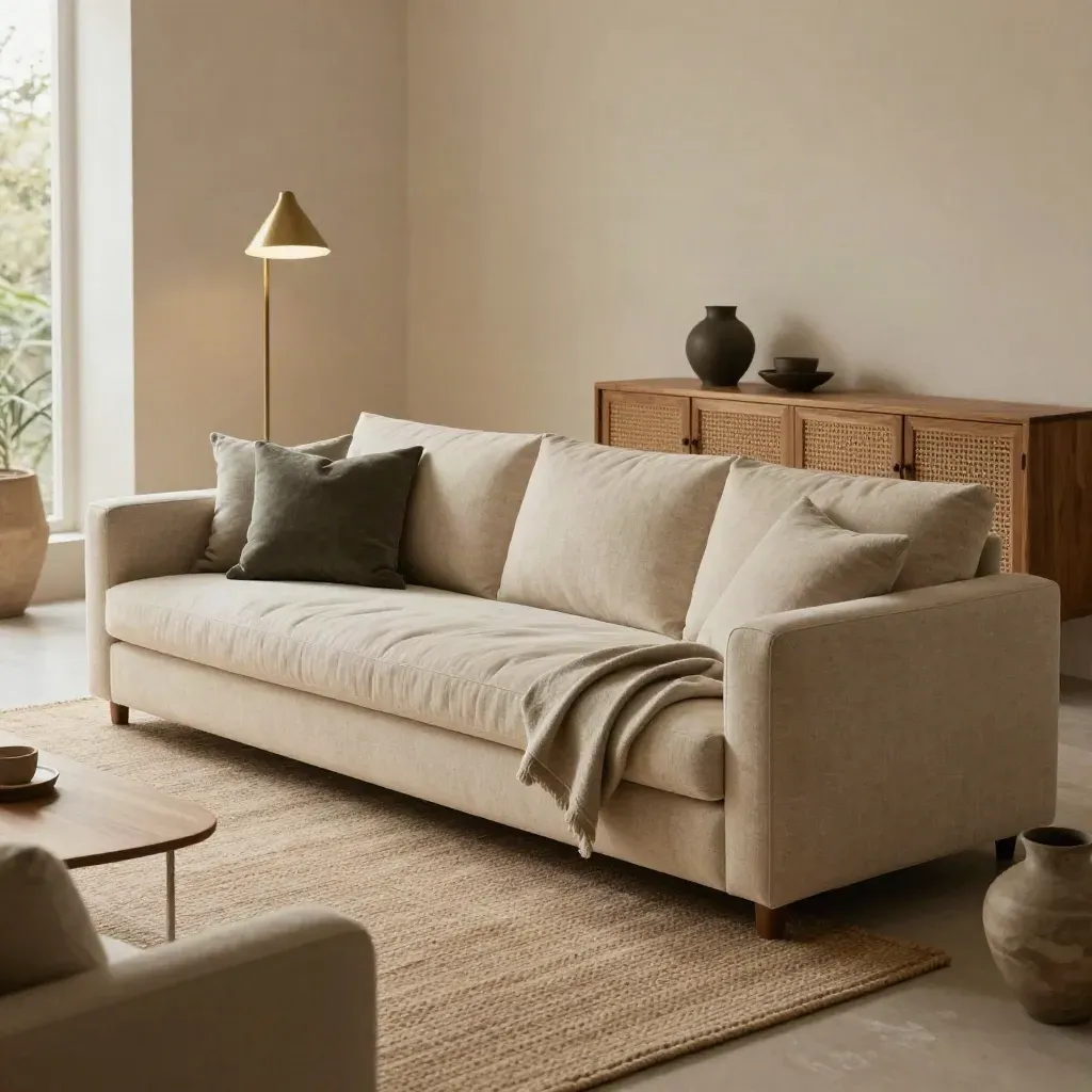 Sage-accent living room bundle with sofa, rug, lamp and storage in soft daylight.