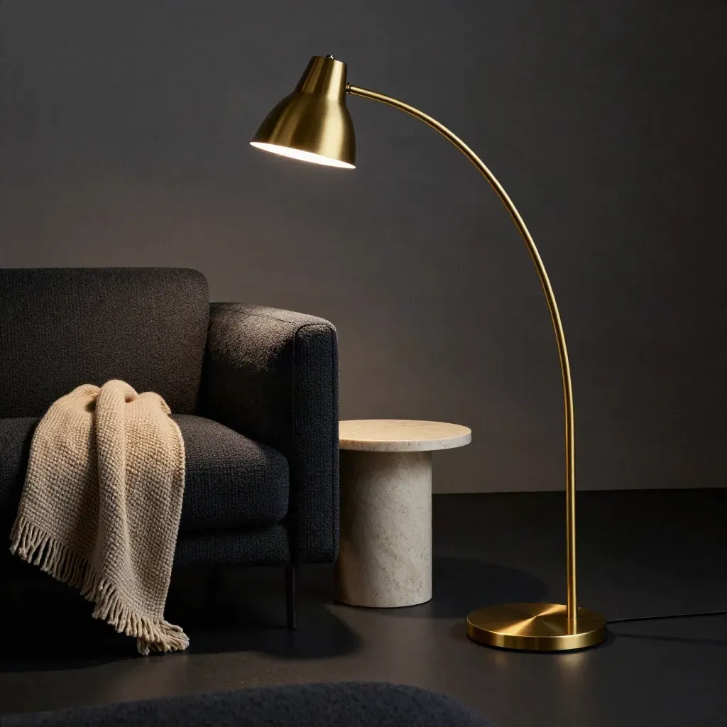 Mila Arc Floor Lamp in warm brass beside a charcoal sofa arm, side table and folded throw