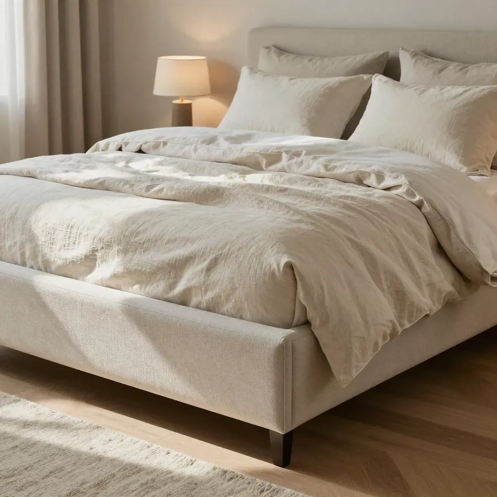 Ivory king ottoman bed dressed with pillows and duvet in a soft modern bedroom