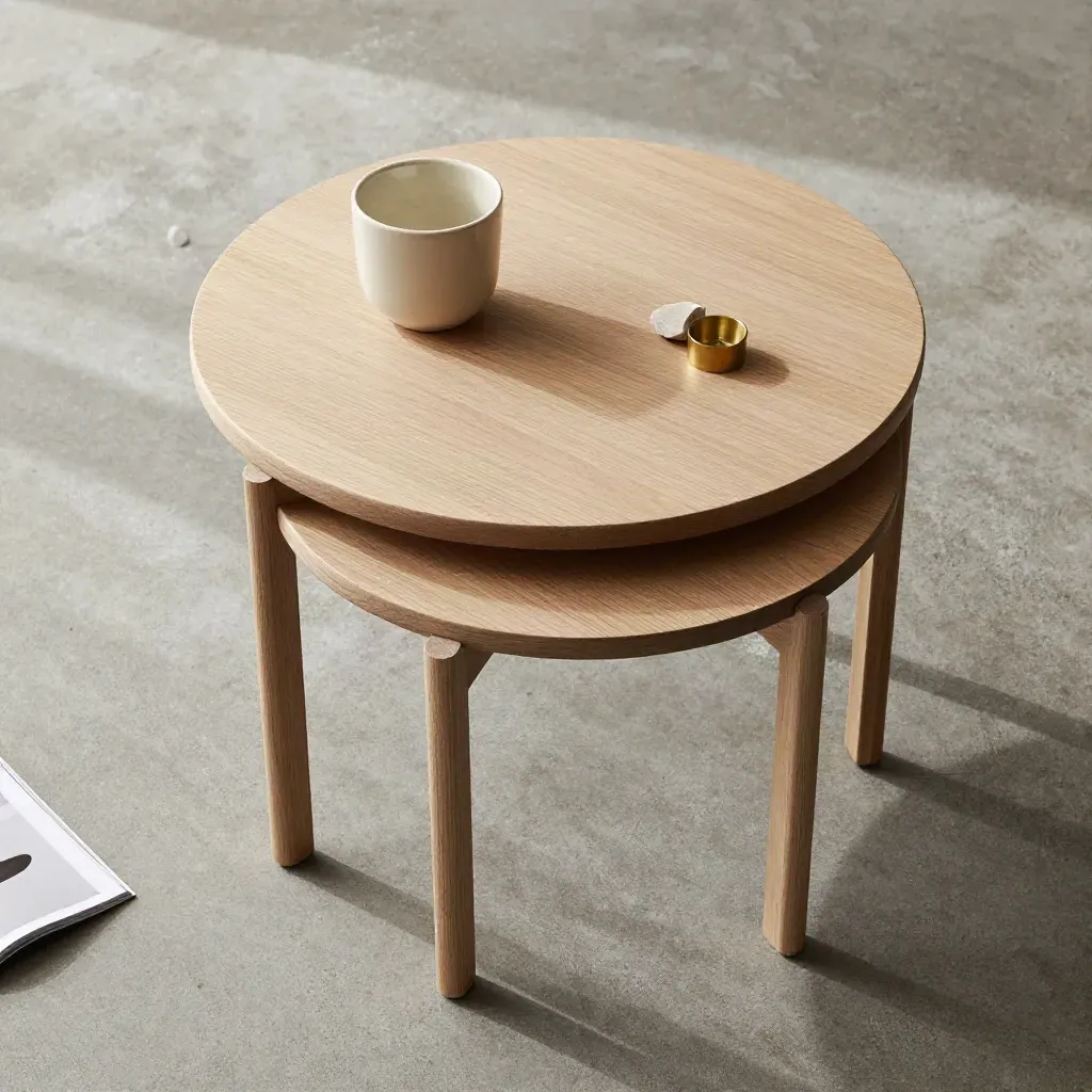Overhead flatlay of nested oak tables with cup, magazine edge and stone accent.