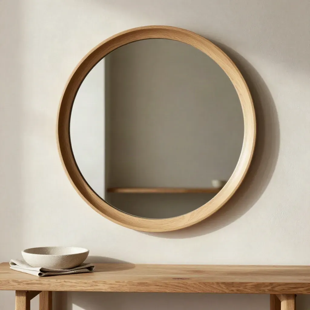 Close-up of an oak round mirror above a console with stone dish and folded linen