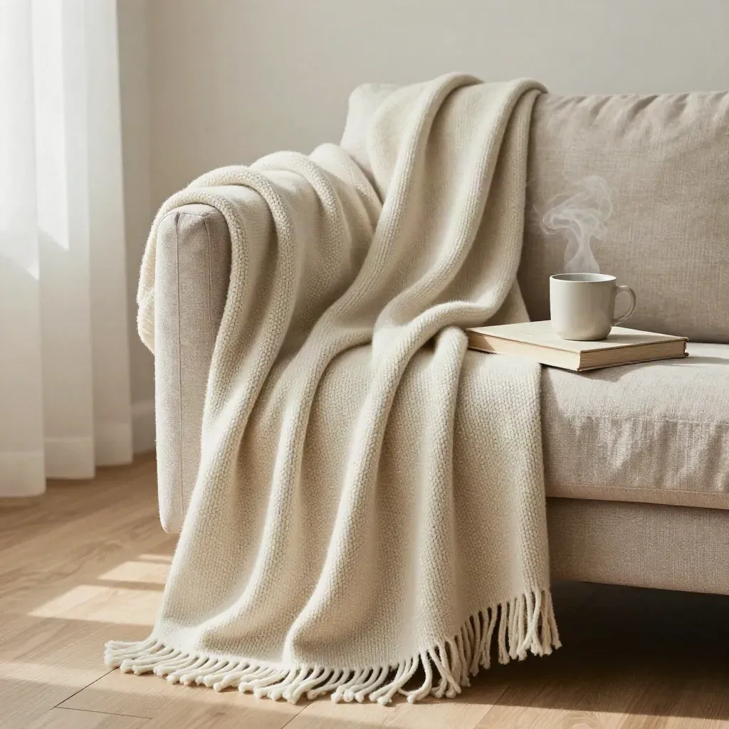 Throw blanket draped over a sofa arm with cushion, book and mug in a warm modern lounge.