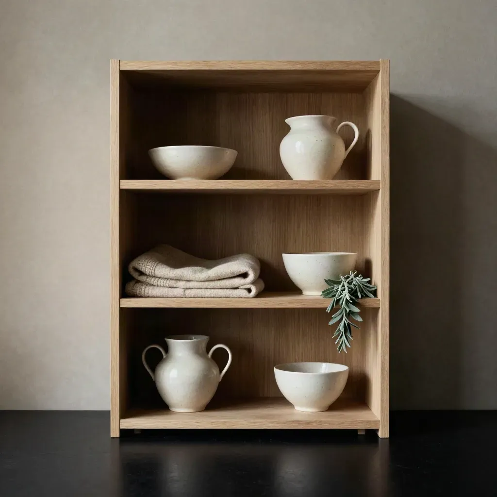 Pale oak shelf unit with ceramics, folded blanket and trailing plant in a moody studio.