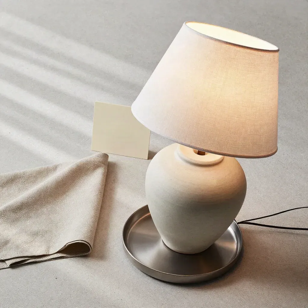 Overhead flatlay of a glowing ceramic table lamp with tray and linen swatch
