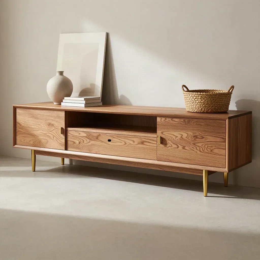 Warm oak Arden TV unit with ceramic vase, face-in books and woven basket in a soft studio hero shot.
