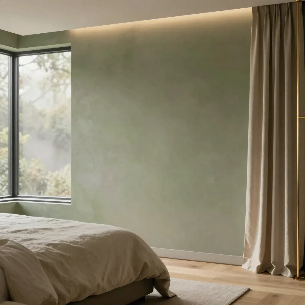 Sunlit bedroom wall with plaster, rumpled duvet, and a soft headboard silhouette.