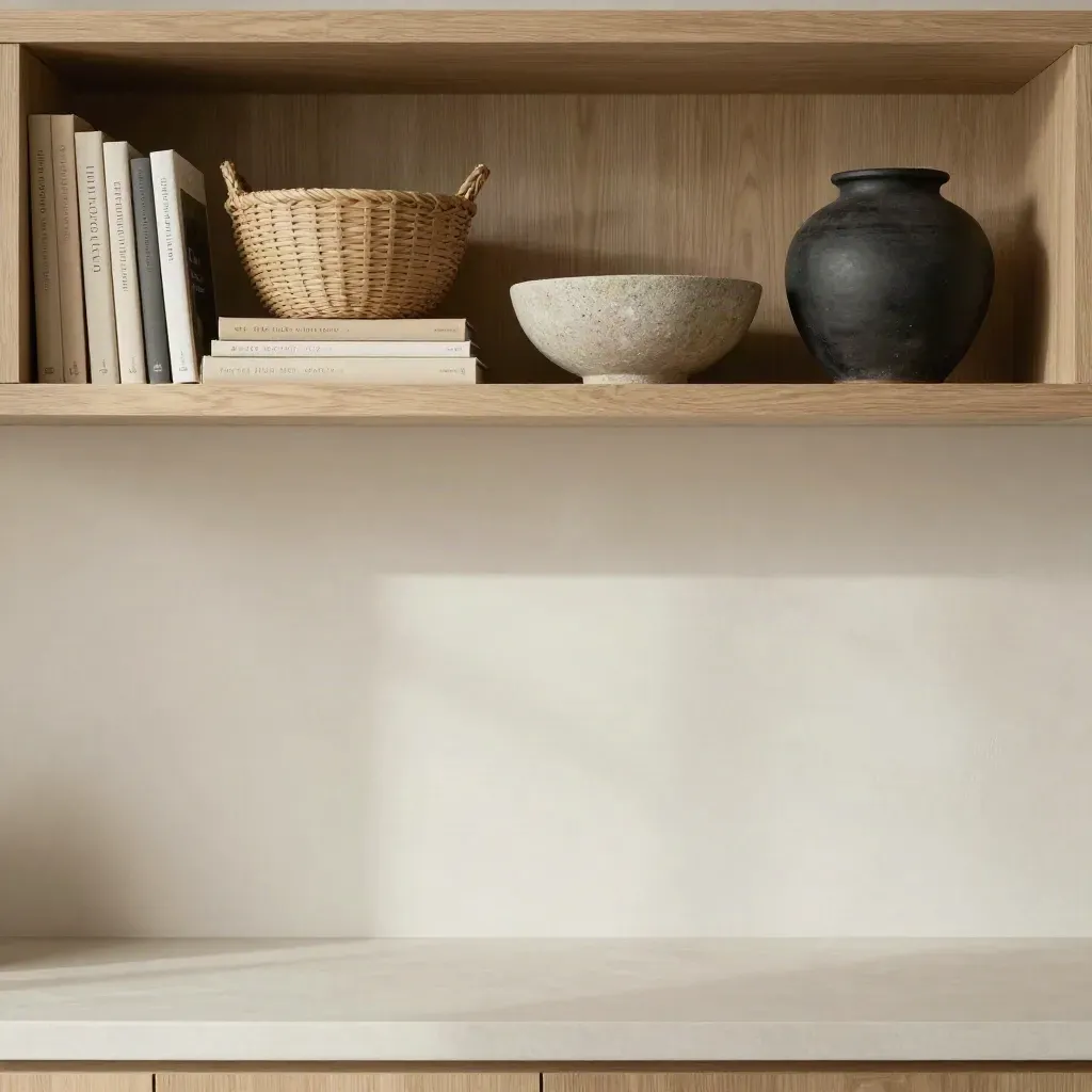 Pale oak shelving niche with books, woven basket and stone bowl above a calm plaster copy space
