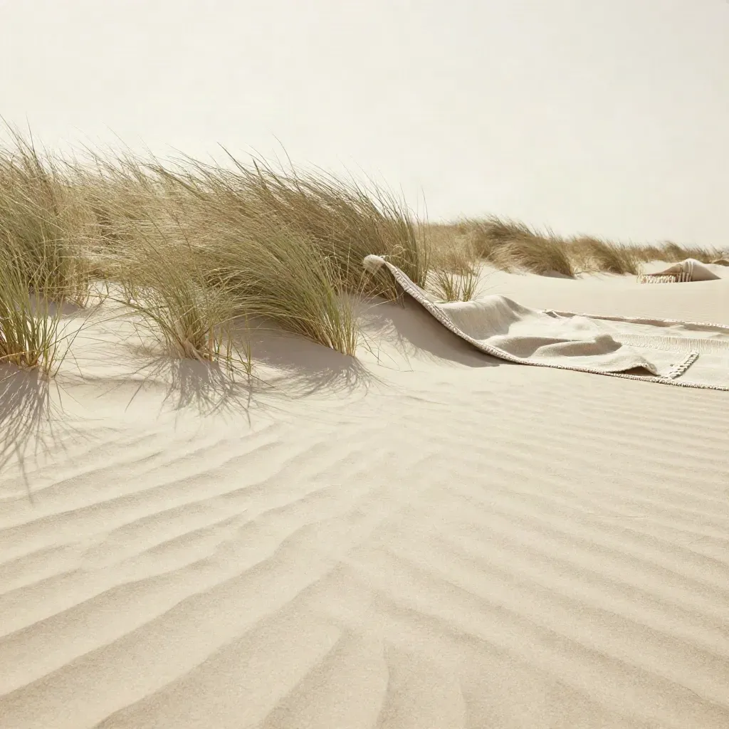 Dune grass over pale stone with a folded textile edge and blurred woven form in soft haze