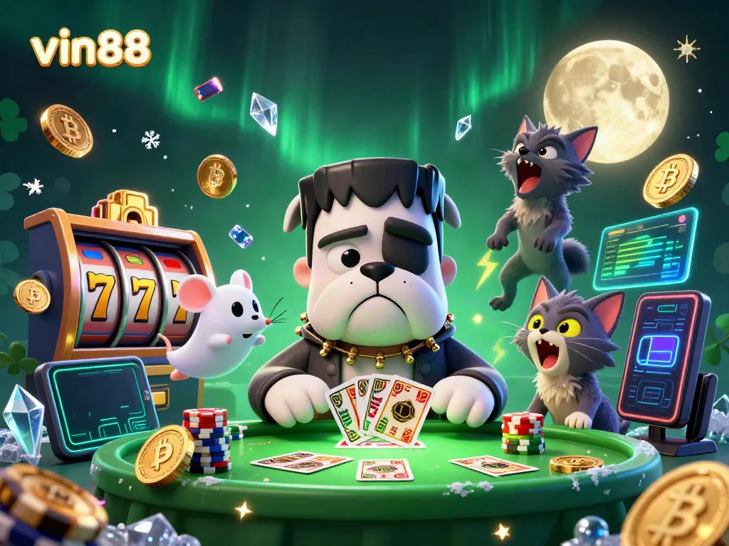 Join vin88's thrilling casino experience with vibrant characters like a Frankenstein bulldog dealer and a werewolf kitten.