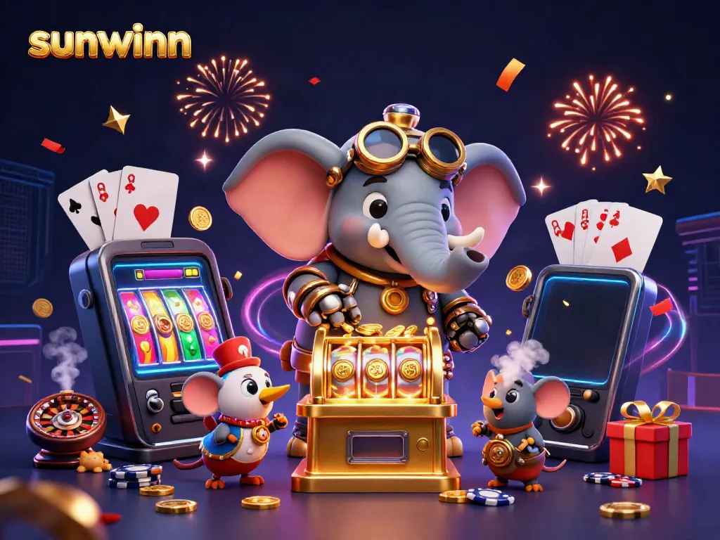 Experience thrilling moments with sunwinn's vibrant 3D casino illustration showcasing a steampunk elephant and dynamic gaming elements.