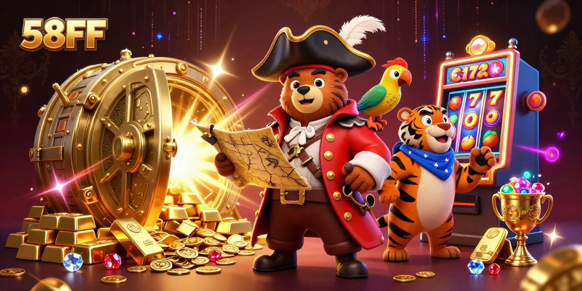 Spin lucky reels at 58FF with a pirate captain bear, treasure, and vibrant gems.