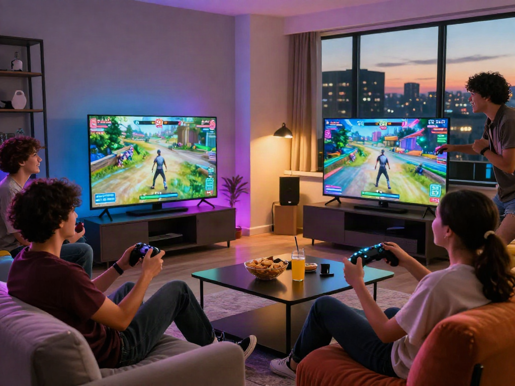 Friends enjoying an adult game night in a vibrant gaming lounge.